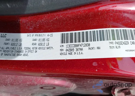 2015 Chrysler 200 S z USA, uszkodzony, nr VIN 1C3CCCBB0FN712030